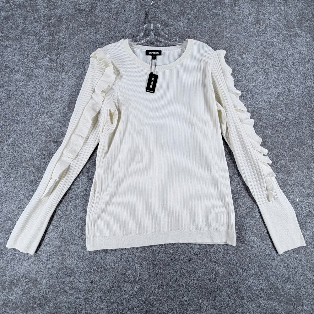 NWT Express Ruffle Sleeve Sweater Womens L White Ribbed Knit Classic Crew Neck